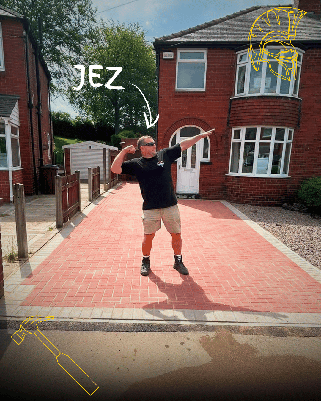 Jez Thackaberry, founder of Warrior Driveways & Patios, standing on a completed block paving driveway